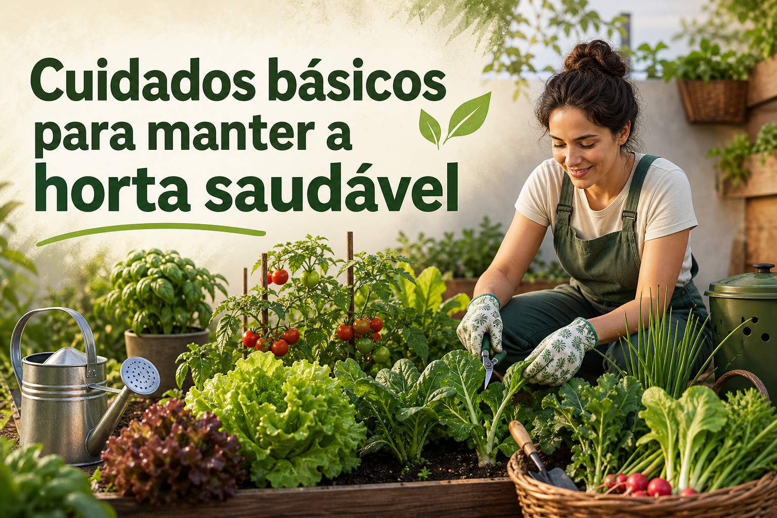 Uma mulher sorridente cuida de uma horta, colhendo folhas verdes e rodeada por plantas como tomate e alface. Ao lado, há um regador de metal e uma cesta com vegetais frescos.