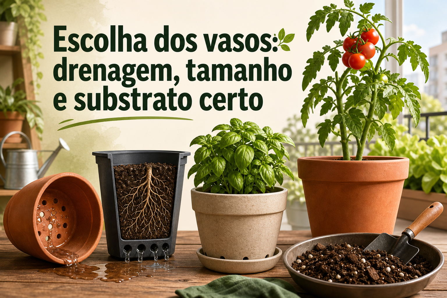 Três vasos de plantas estão dispostos sobre uma mesa de madeira, um deles com raízes expostas. Ao lado, há um prato com substrato e uma colher de jardinagem, enquanto ao fundo, plantas verdes em vasos e uma janela são visíveis.