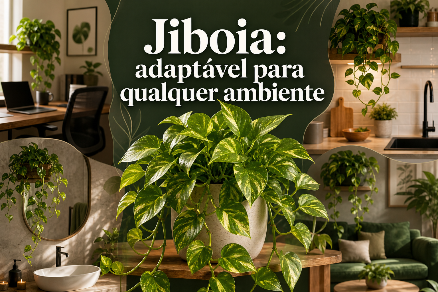 Imagem com uma planta jiboia em um vaso claro, rodeada por ambientes diversos com decoração natural e verde. O texto "Jiboia: adaptável para qualquer ambiente" está em destaque, sobre um fundo escuro.
