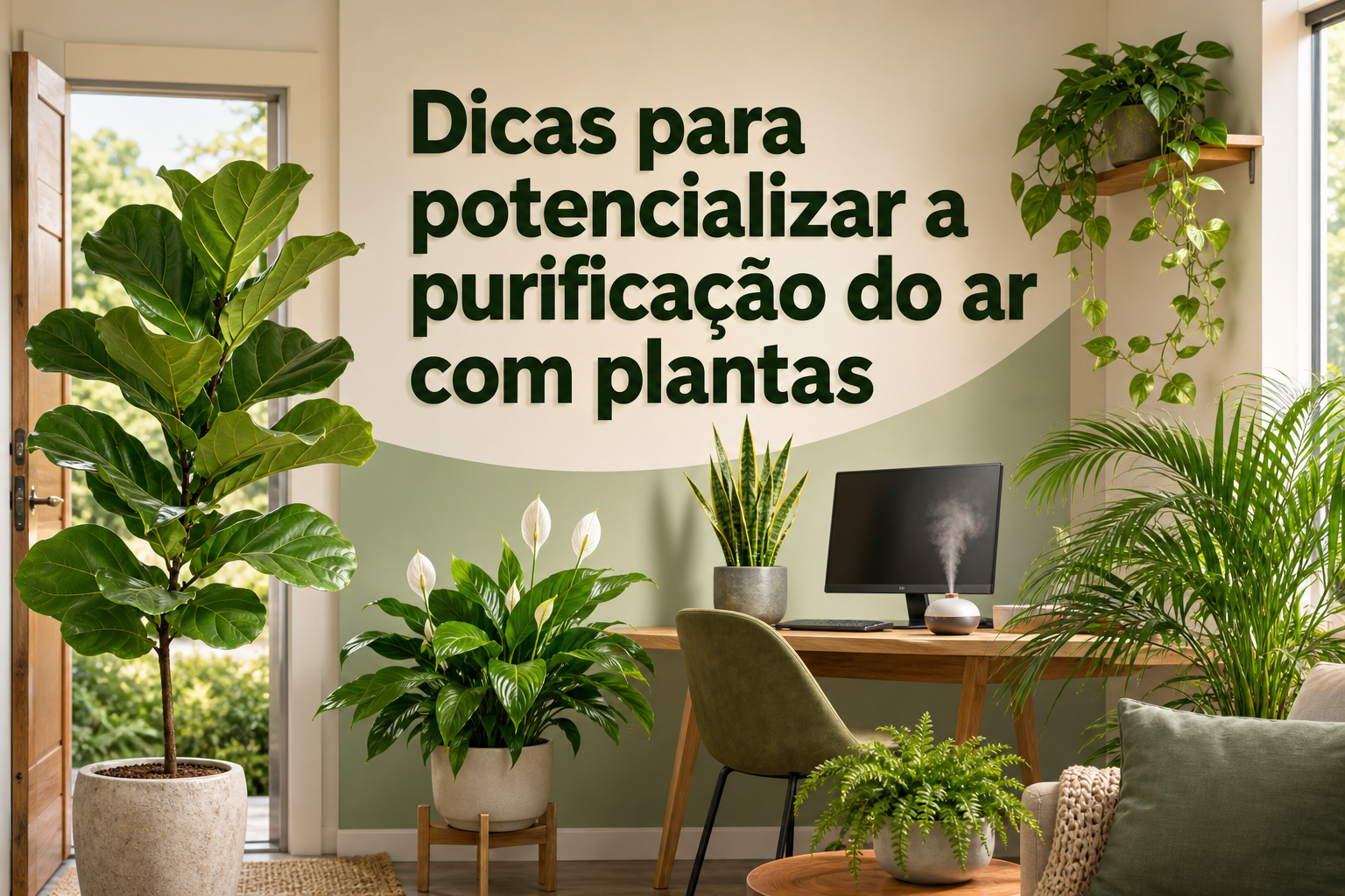Ambiente interno com plantas em vasos, incluindo um Ficus e um Spathiphyllum, ao lado de uma mesa com um computador e um umidificador. Na parede, texto grande em destaque que diz "Dicas para potencializar a purificação do ar com plantas".