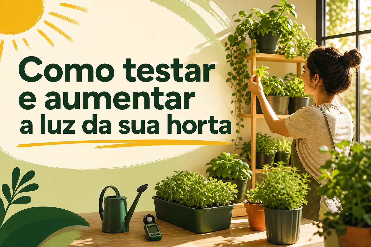 Uma mulher está cuidando de plantas em prateleiras, com vasos de diferentes tamanhos ao seu redor. Ao fundo, há uma parede clara com um sol estilizado e o texto "Como testar e aumentar a luz da sua horta".
