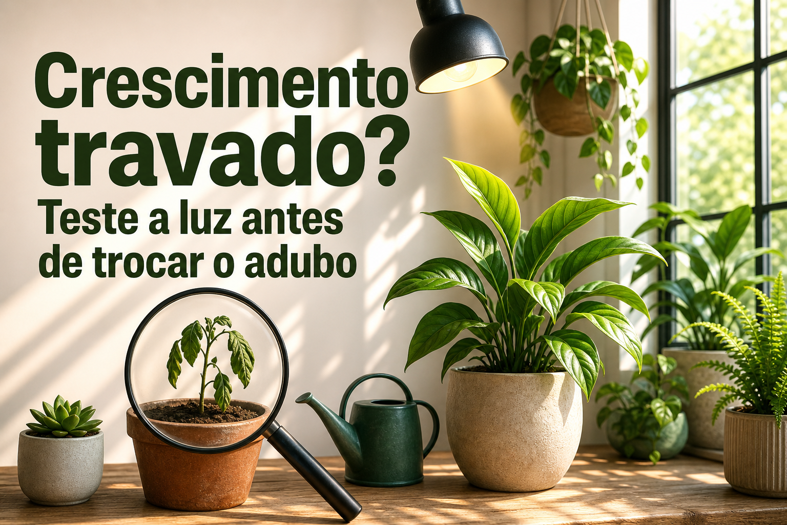 Em um ambiente iluminado, há várias plantas em vasos, incluindo uma com folhas pequenas em destaque sob uma lupa. Ao fundo, uma janela permite a entrada de luz natural, e o texto sugere testar a luz antes de trocar o adubo.