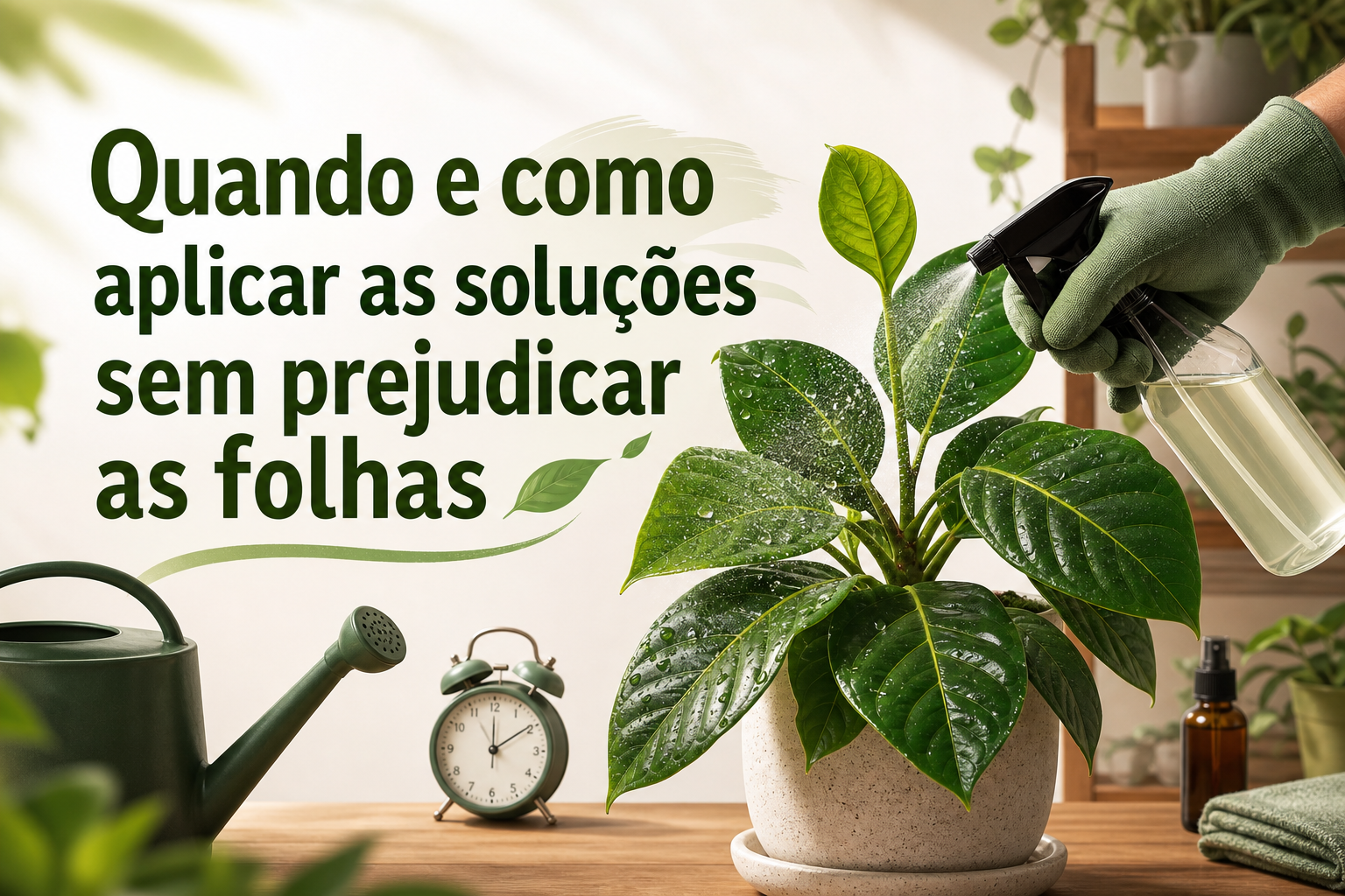 Uma mão com luva verde segura um borrifador, aplicando uma solução em uma planta com folhas brilhantes e molhadas. Ao fundo, há um regador verde e um relógio, além de outras plantas em vasos.