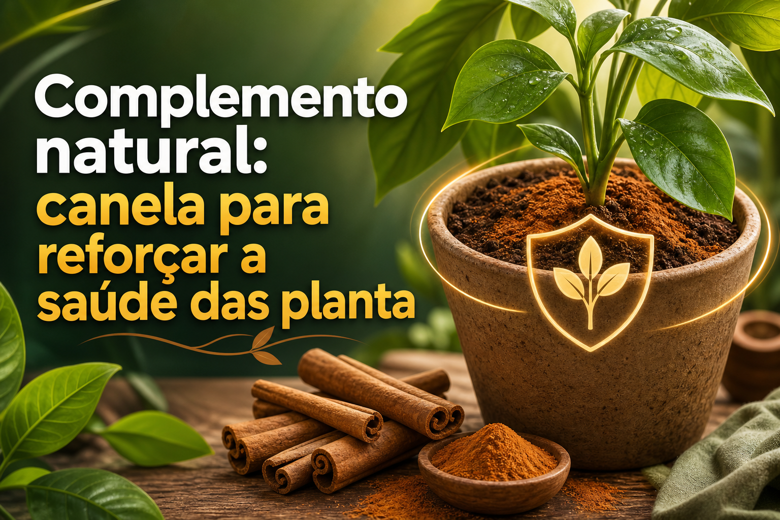 Um vaso de planta com folhas verdes e brilhantes, cercado por canela em pau e pó de canela. O fundo é desfocado, destacando o texto "Complemento natural: canela para reforçar a saúde das plantas".