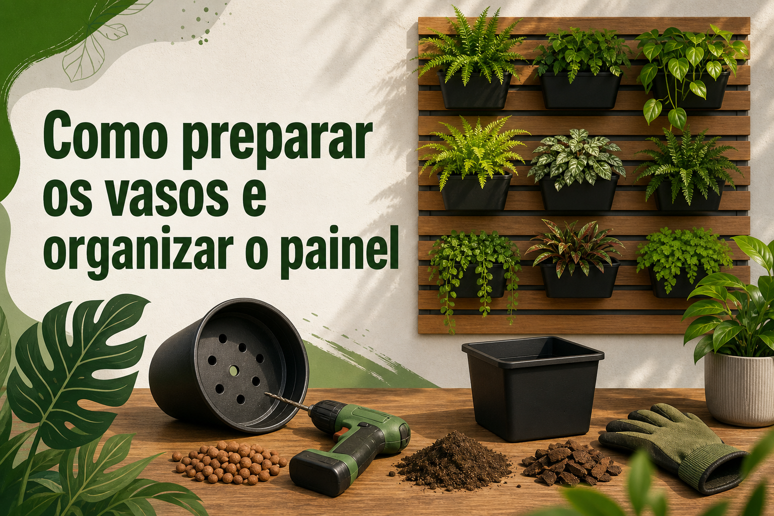 Uma mesa com ferramentas de jardinagem, incluindo um vaso preto, terra, bolinhas de argila e luvas. Ao fundo, um painel de madeira com vasos pretos contendo várias plantas verdes.