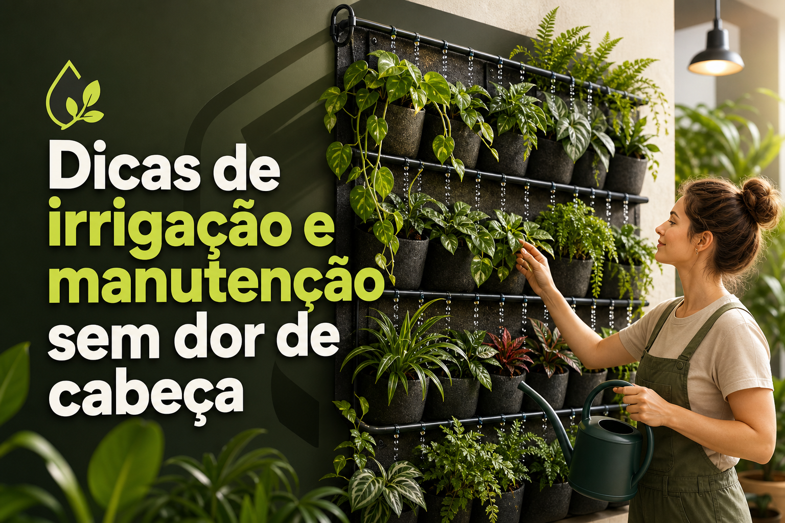Uma mulher cuida de plantas em um jardim vertical, segurando um regador. Ao fundo, há várias plantas em vasos pretos dispostos em uma estrutura de suporte.