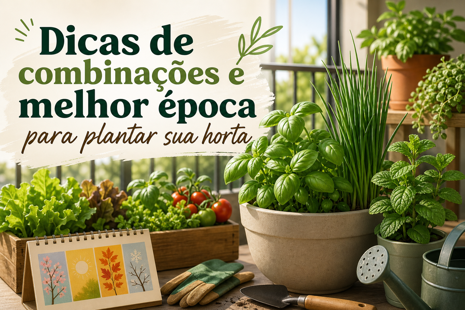 Vasos com diversas ervas e hortaliças, como manjericão, cebolinha e alface, estão dispostos sobre uma mesa. Um calendário ilustrado com estações do ano está ao lado de ferramentas de jardinagem, como uma pá e um regador.