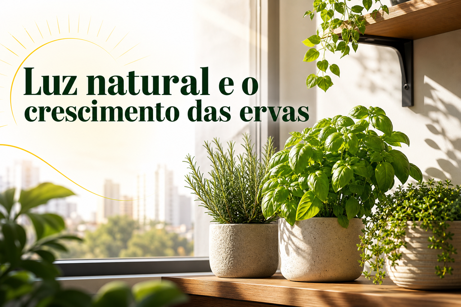 Um conjunto de vasos com ervas, como manjericão e alecrim, está disposto sobre uma prateleira de madeira, iluminados pela luz natural que entra pela janela. Ao fundo, vê-se uma vista urbana com prédios e vegetação.