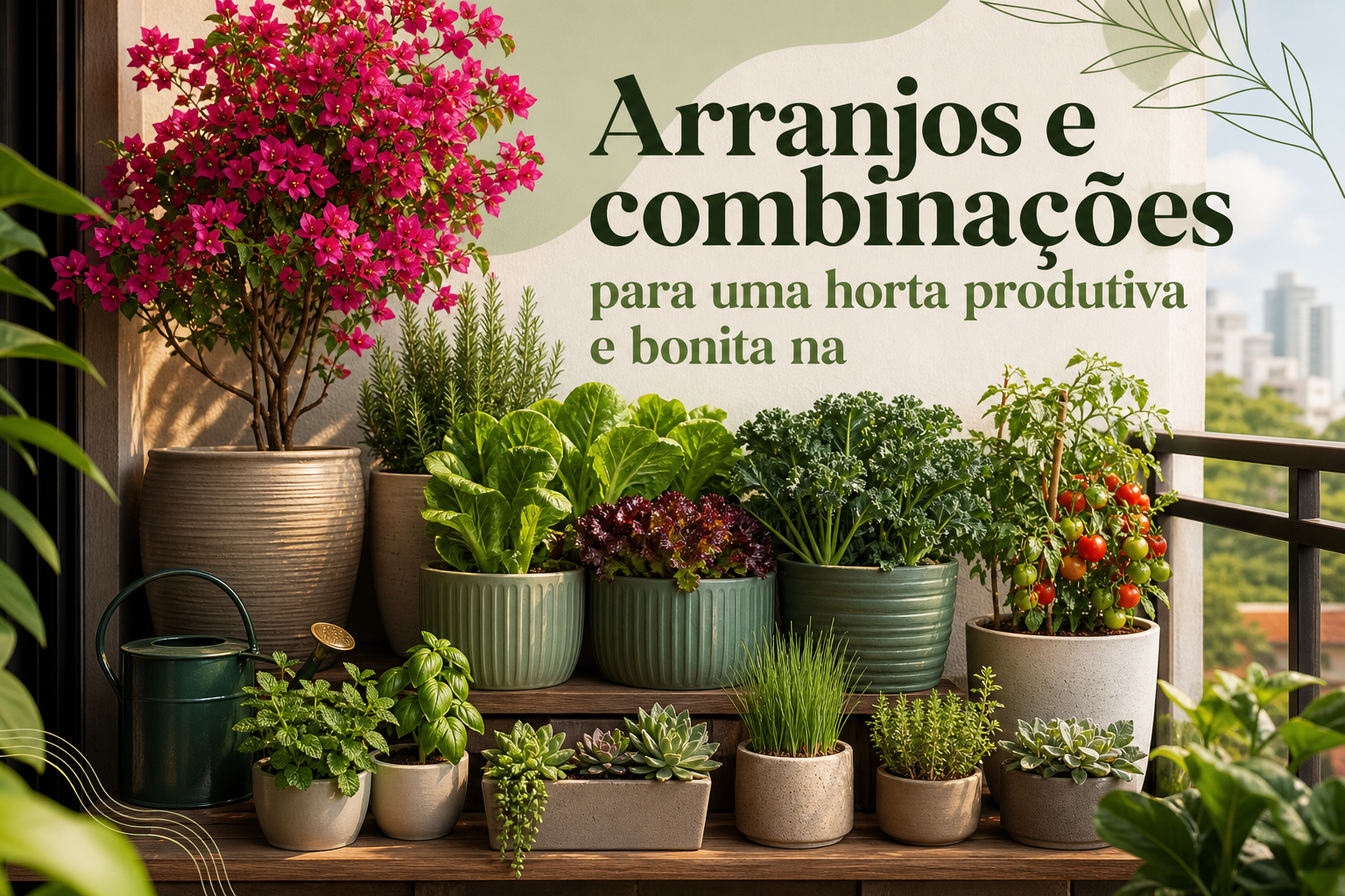 Um arranjo de plantas em vasos de diferentes tamanhos, incluindo ervas, alfaces e tomates, está disposto em uma prateleira de madeira.