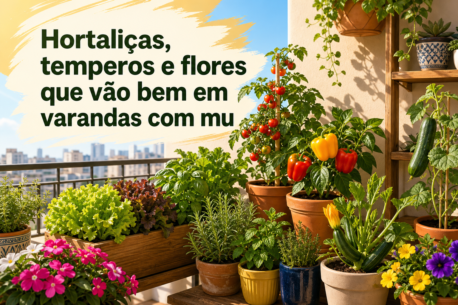 Varanda ensolarada com diversas plantas, incluindo hortaliças como alface, pimentões coloridos, tomates e ervas aromáticas. Flores coloridas em vasos também estão presentes, criando um ambiente vibrante e verde.
