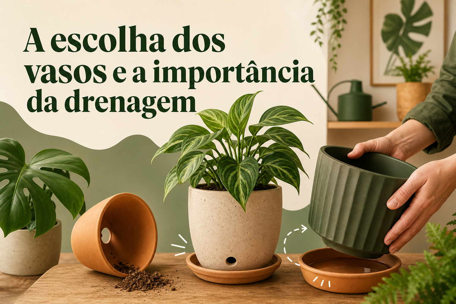 Uma planta verde está em um vaso claro com um prato embaixo, enquanto uma mão segura um vaso escuro e listrado. Ao fundo, há folhas de plantas e uma mesa de madeira clara.