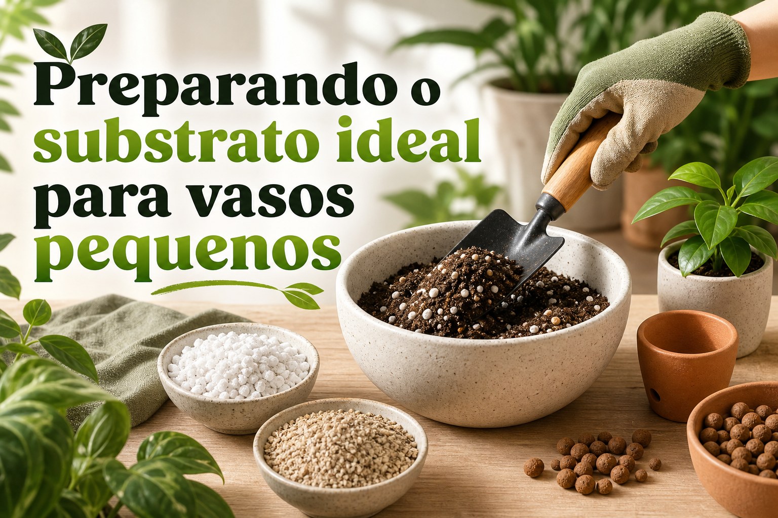 Uma mão com luva verde segura uma pá, misturando substrato em uma tigela clara. Ao redor, há recipientes com diferentes tipos de materiais, como pedras brancas e grãos, além de pequenas plantas em vasos.