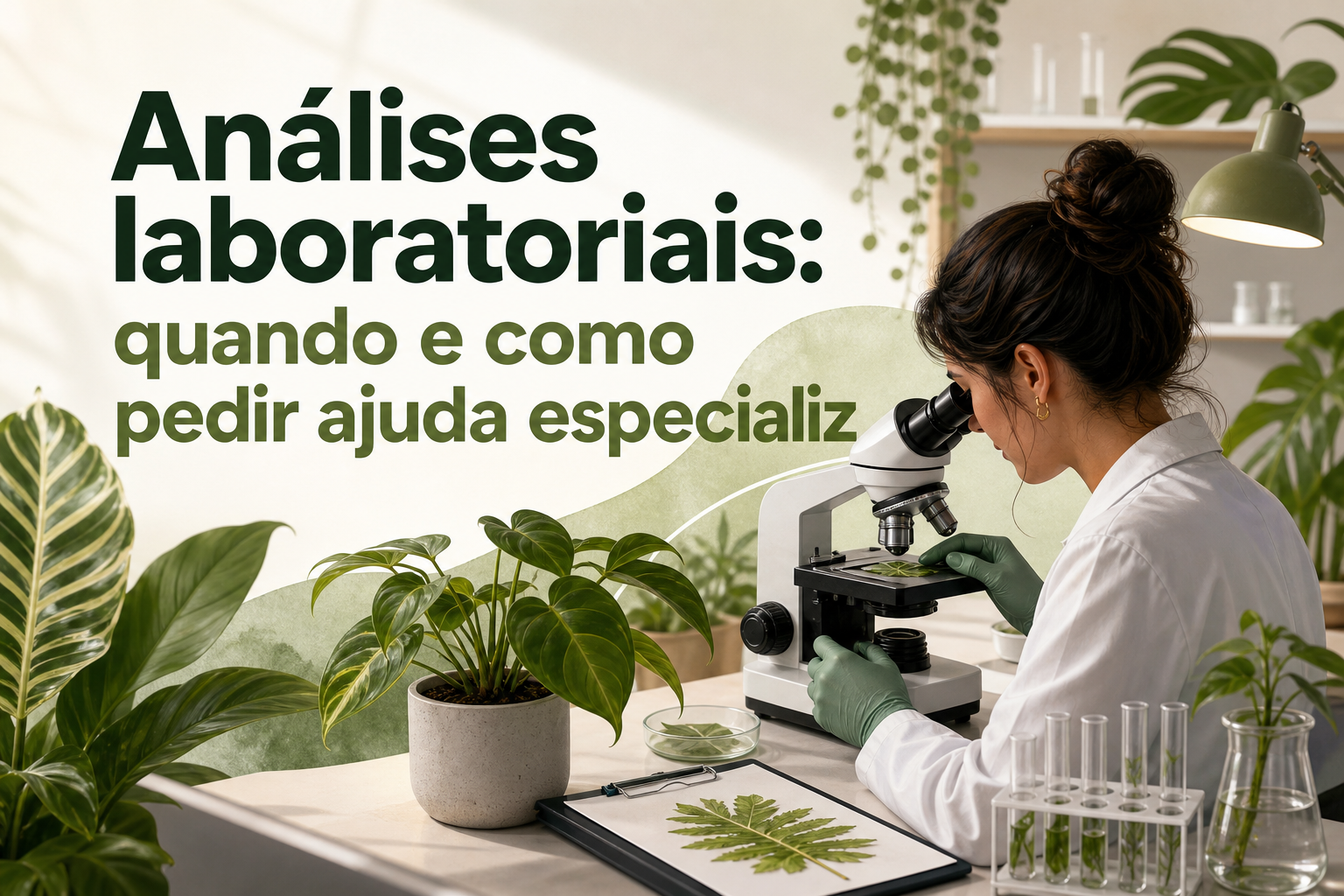 Uma mulher com luvas verdes observa uma amostra sob um microscópio em um ambiente com plantas. Ao lado, há uma folha em uma prancheta e tubos de ensaio com plantas em um suporte.