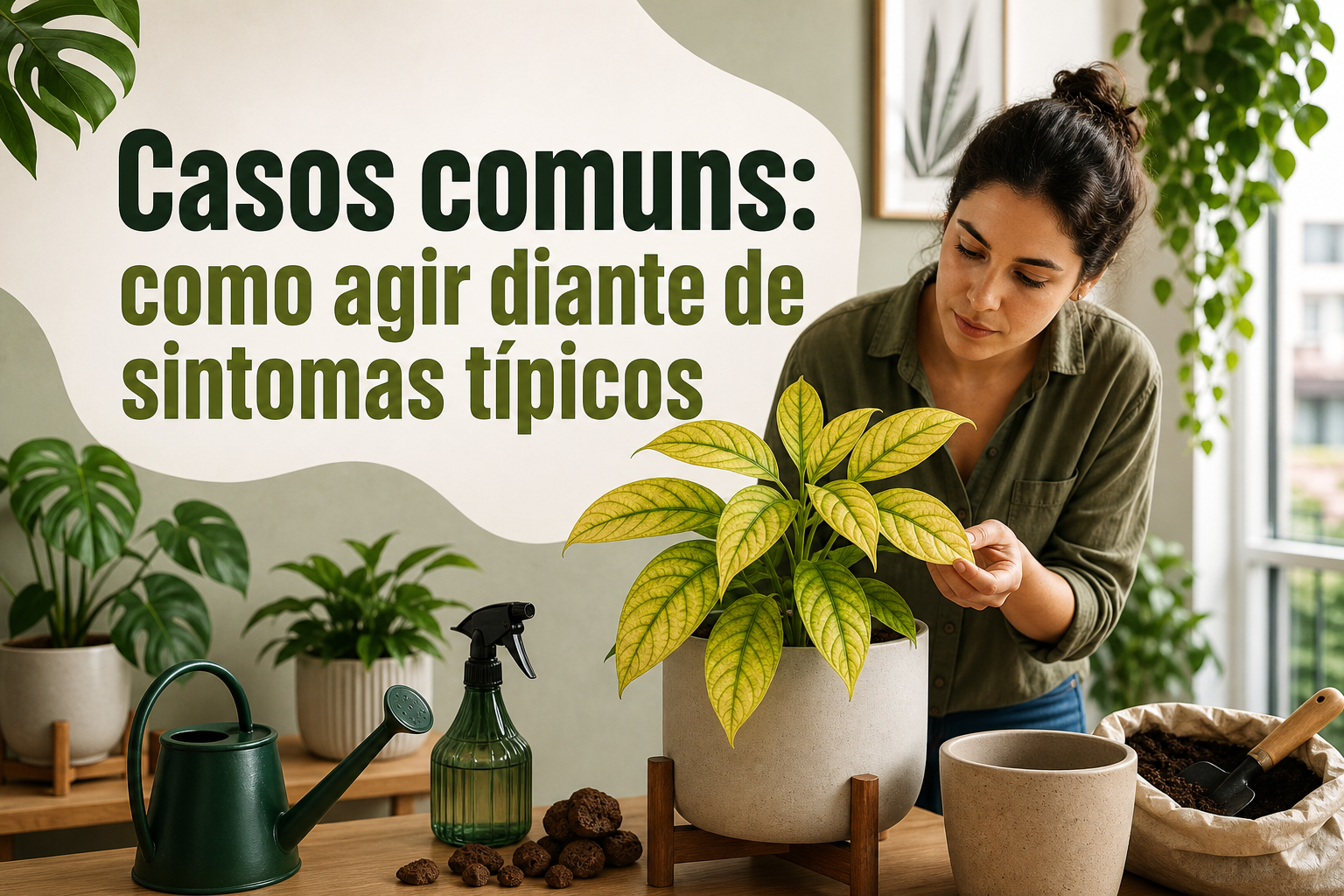 Uma mulher está cuidando de uma planta em um vaso, examinando suas folhas, enquanto ao fundo há outras plantas e utensílios de jardinagem. O ambiente é iluminado e decorado com tons naturais.