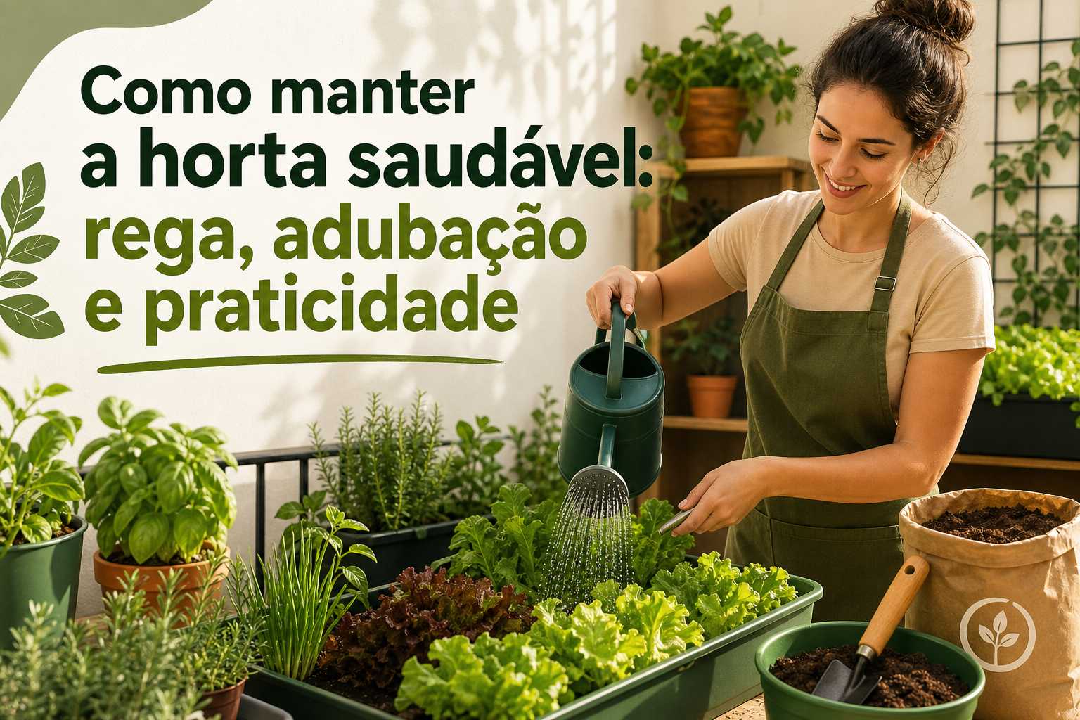 Uma mulher com avental verde rega uma horta com alface e ervas em vasos. Ao fundo, há prateleiras com plantas e um saco de adubo ao lado de uma ferramenta de jardinagem.
