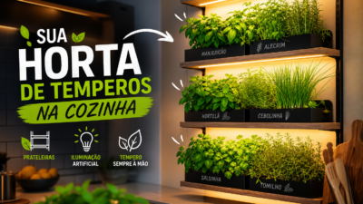 Como montar uma horta de temperos na cozinha usando prateleiras e iluminação artificial