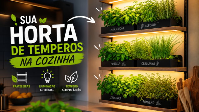 Como montar uma horta de temperos na cozinha usando prateleiras e iluminação artificial