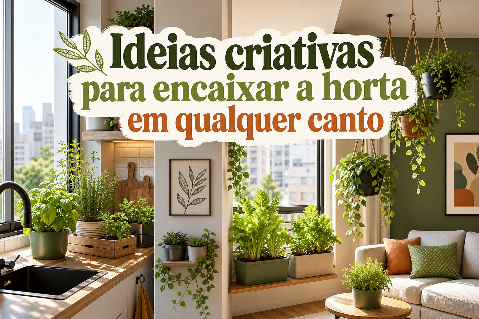 Ambiente interno iluminado com uma cozinha moderna, repleta de plantas em vasos e prateleiras. Ao fundo, uma janela grande oferece vista para a cidade, enquanto o texto "Ideias criativas para encaixar a horta em qualquer canto" está destacado.