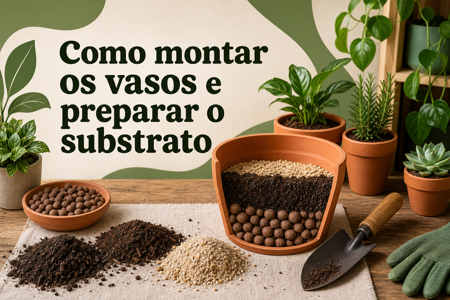 Em uma mesa de madeira, há um recipiente de barro com camadas de substrato, incluindo pedras, terra e areia. Ao redor, estão vasos de plantas verdes e ferramentas de jardinagem, com a frase "Como montar os vasos e preparar o substrato" ao fundo.