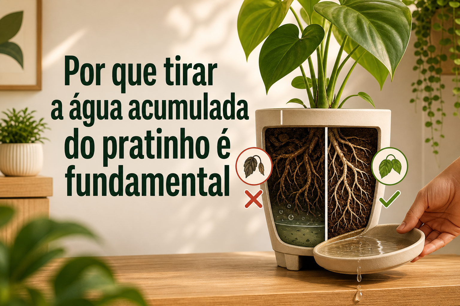 Uma planta em vaso com raízes visíveis é mostrada ao lado de um pratinho com água. Há ícones de folhas saudáveis e secas, indicando a importância de remover a água acumulada.