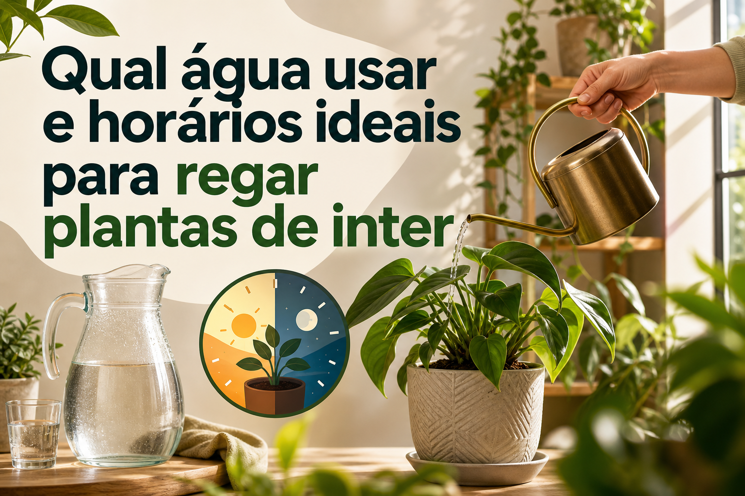 Uma mão segura um regador dourado, despejando água em uma planta em um vaso de cerâmica. Ao lado, há uma jarra de vidro com água e um copo, enquanto o fundo apresenta uma estante com mais plantas.