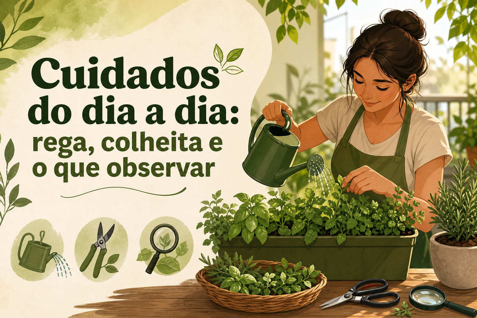 Uma mulher com cabelo preso rega ervas em um vaso verde, enquanto observa as plantas. Ao lado, há uma cesta com ervas, tesouras de jardinagem e uma lupa sobre uma mesa de madeira.