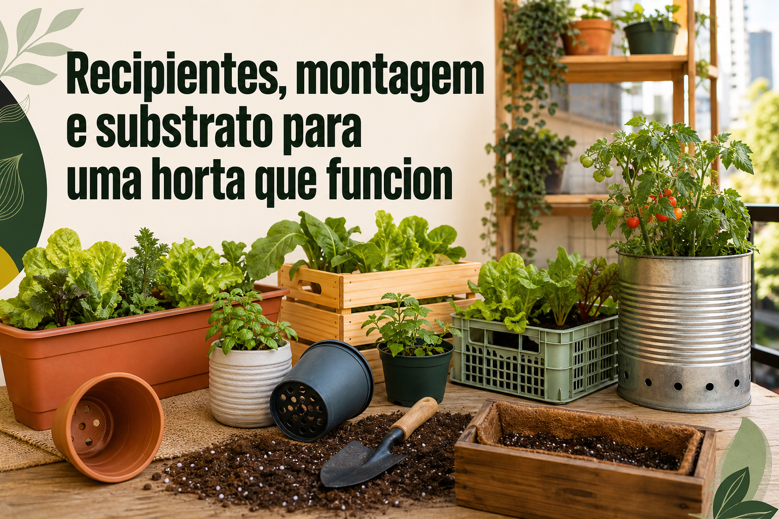 Diversos recipientes para plantas estão dispostos sobre uma mesa, incluindo vasos de plástico e metal, com hortaliças e ervas plantadas. Ao fundo, há uma estante com mais vasos e uma parede decorada com texto sobre montagem de hortas.