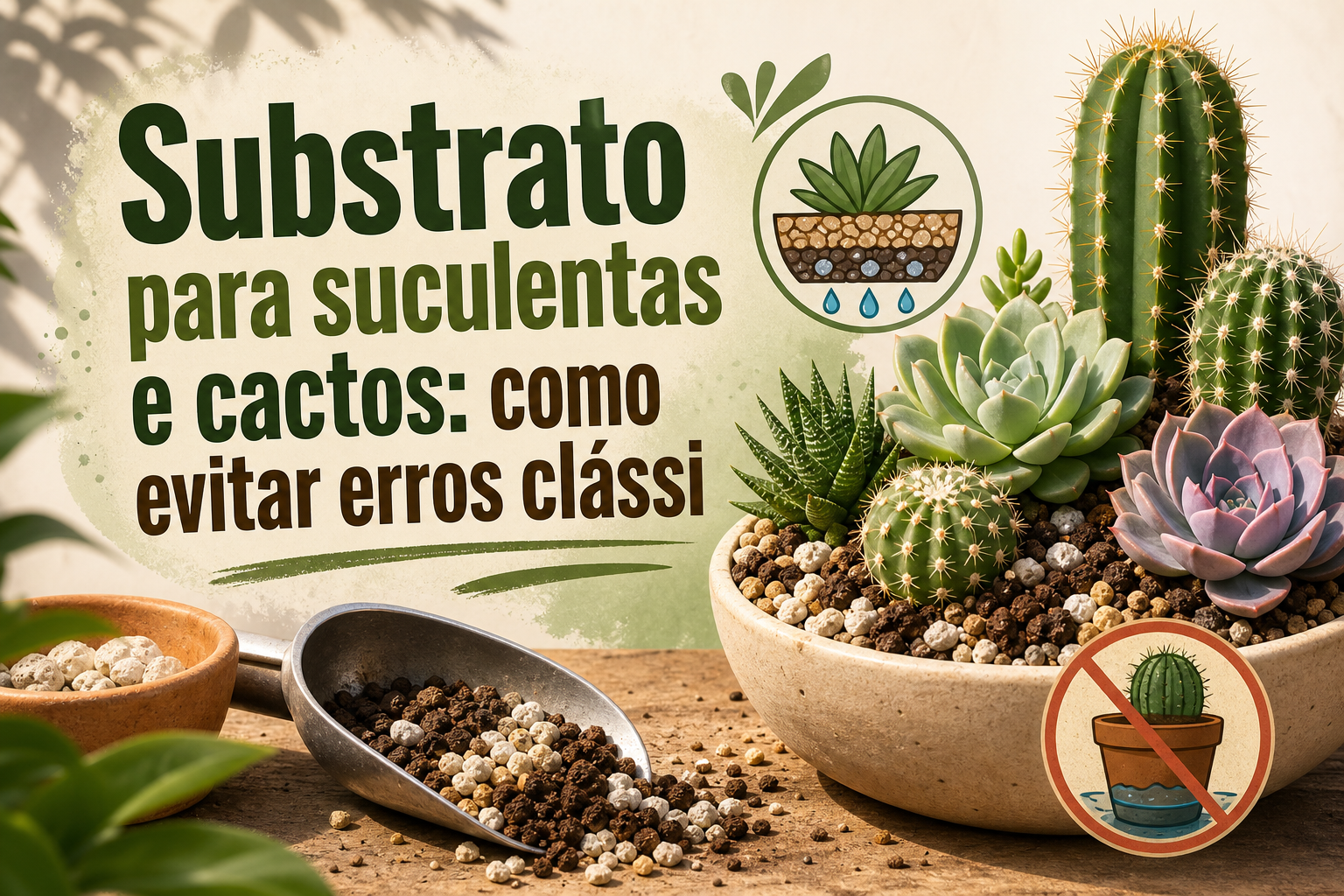 Imagem com suculentas e cactos em vasos, com destaque para um texto sobre substrato e cuidados. Há também ilustrações de um vaso com água e um símbolo de proibição de rega excessiva.