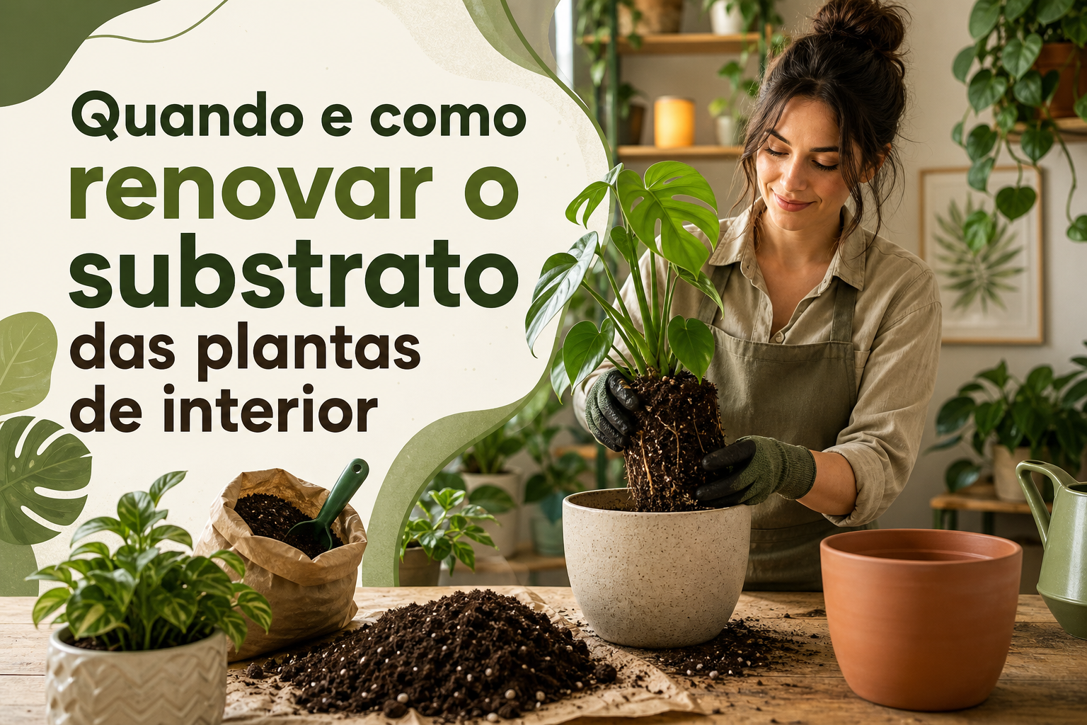 Uma mulher está transplantando uma planta em um vaso claro, segurando a planta com raízes expostas. Ao lado, há um vaso de barro, um saco de substrato aberto e uma pá, com um fundo decorado por plantas e prateleiras.