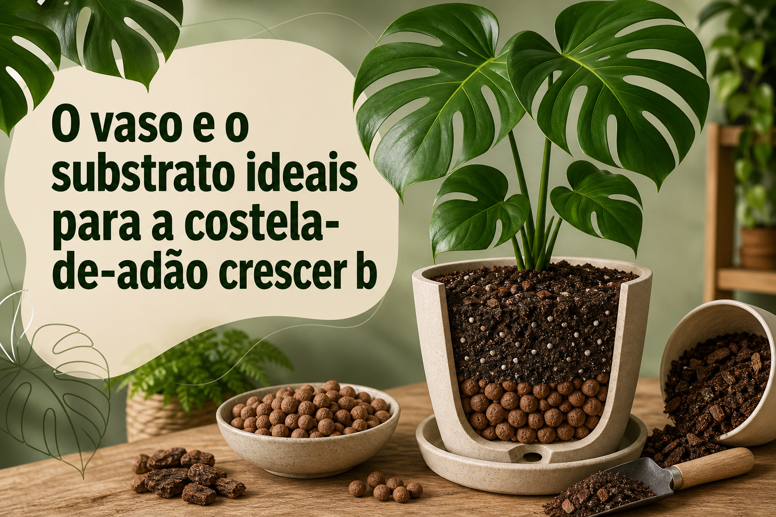 Um vaso de planta com costela-de-adão, contendo substrato escuro e bolinhas de argila, está sobre uma mesa de madeira. Ao lado, há um recipiente com cascas de madeira e uma pequena pá de jardinagem.