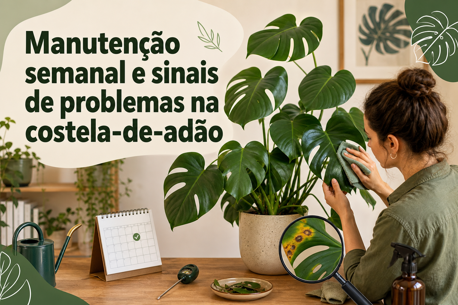 Uma mulher está limpando as folhas de uma planta costela-de-adão em uma mesa. Ao lado, há um calendário, um regador, uma lupa e um borrifador.