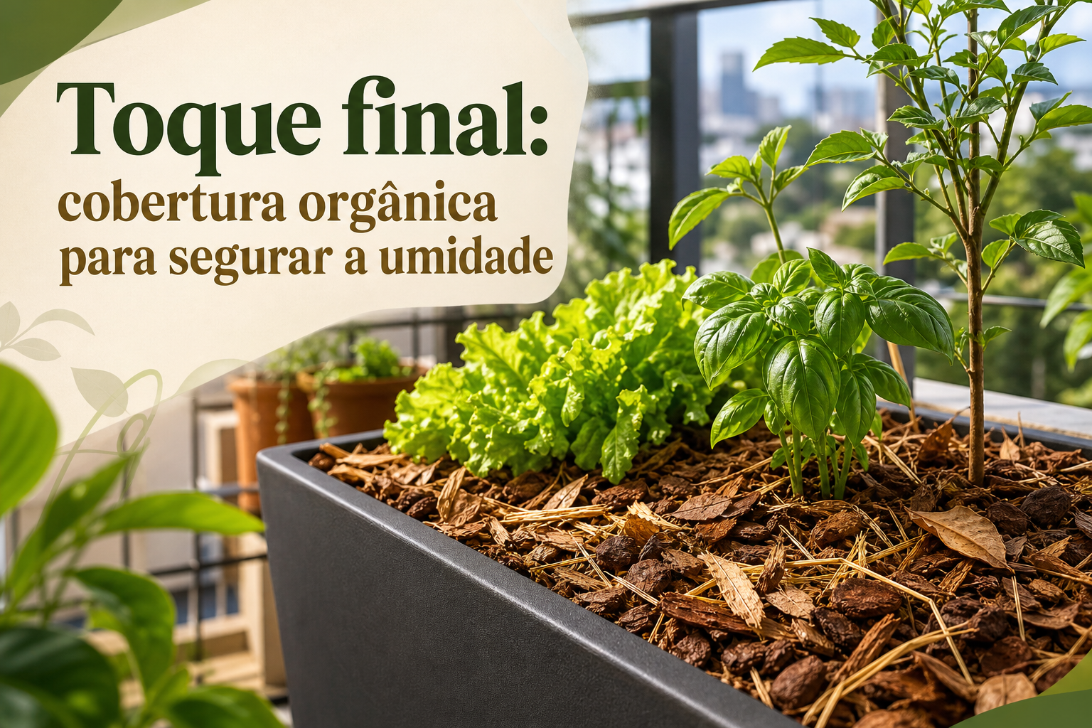 Um vaso de plantas com cobertura orgânica, incluindo folhas secas e palha, abriga alface e manjericão. Ao fundo, vê-se uma área urbana com prédios e um céu claro.