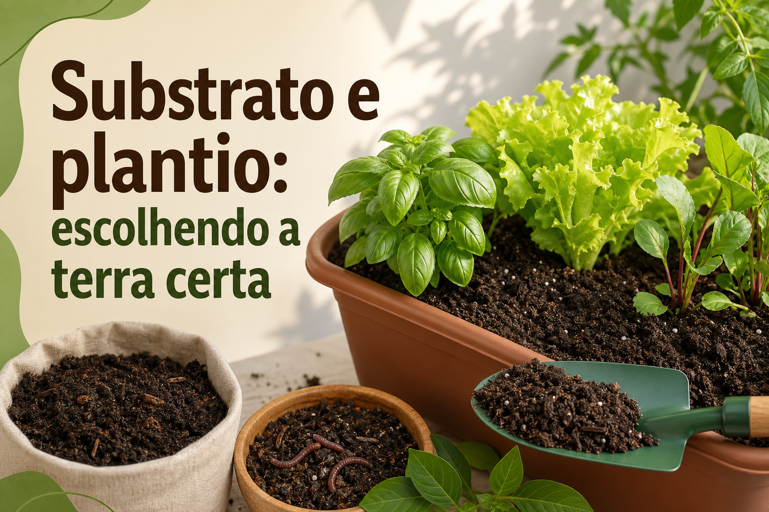 Uma caixa de plantio com terra escura contém manjericão, alface e outras plantas verdes. Ao lado, há um recipiente de tecido com terra e um pequeno recipiente de madeira com minhocas.