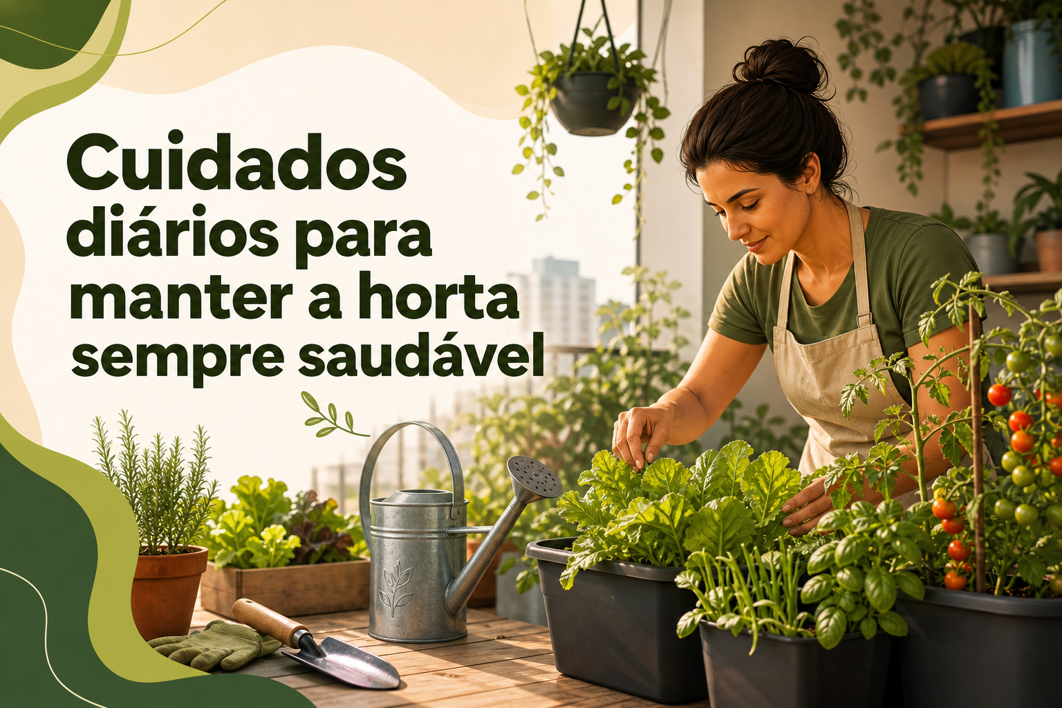 Uma mulher cuida de plantas em vasos, com destaque para alface, tomate e ervas. Ao fundo, há prateleiras com mais plantas e uma janela que mostra a cidade.