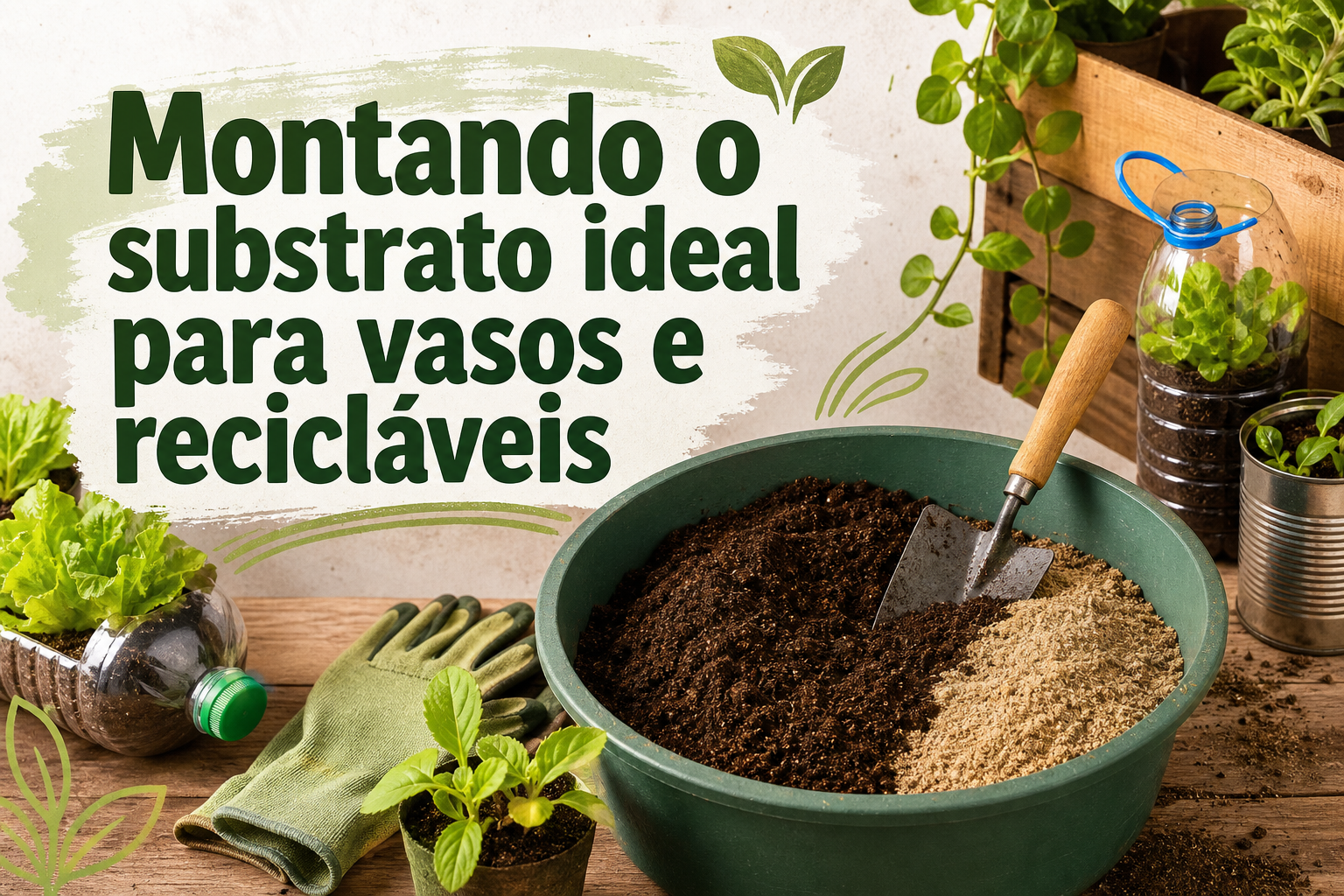 Uma tigela verde contém diferentes tipos de substrato, incluindo terra escura e areia. Ao fundo, há vasos recicláveis com plantas e luvas de jardinagem.