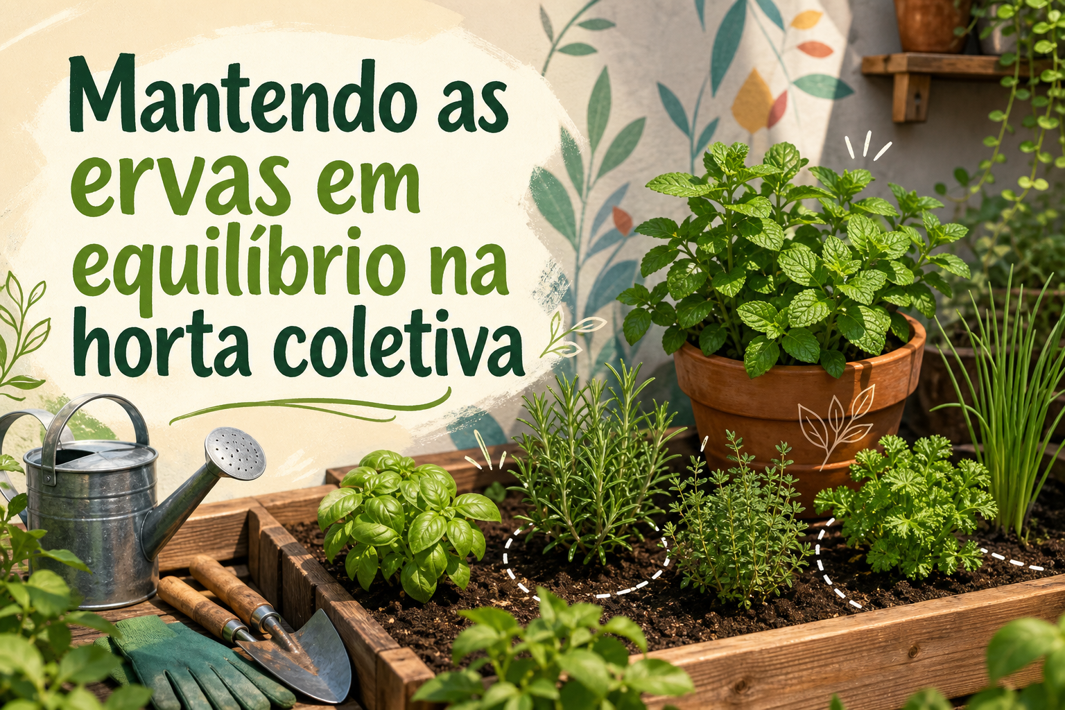 Uma horta coletiva com várias ervas, incluindo manjericão, alecrim, salsinha e hortelã em vasos e canteiros de madeira. Ao fundo, há uma parede decorada com folhas e um regador metálico ao lado de ferramentas de jardinagem.
