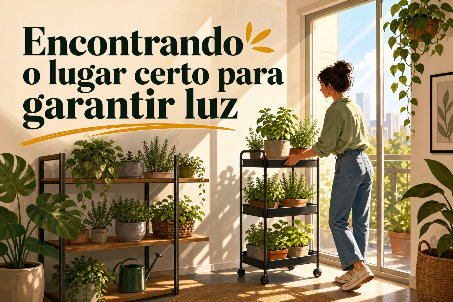 Uma mulher de cabelo preso está organizando plantas em um carrinho próximo a uma janela ampla, que deixa entrar luz natural. O ambiente é iluminado e decorado com várias plantas em vasos, criando uma atmosfera aconchegante.